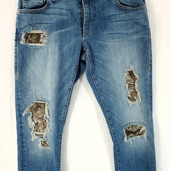 True Religion Audrey Low Rise Jeans Womens 24 Slim Boyfriend Distressed Sequin - Picture 9 of 14